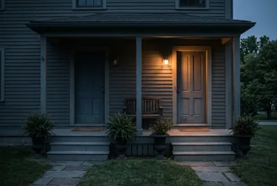 Two matching front doors of a duplex at blue hour, the lantern by one of them lit