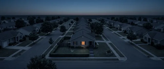 Rows of quiet residential streets seen from above at blue hour, one house at the centre with a window lit