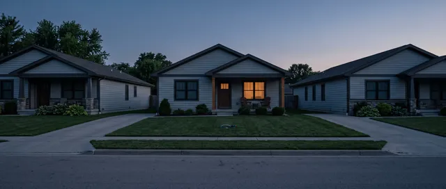 Three matching single storey houses side by side at blue hour, one front window lit