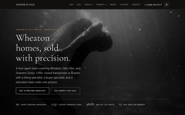 Luxe Noir pack: a light serif headline over a dark full-width photograph, with a row of figures below