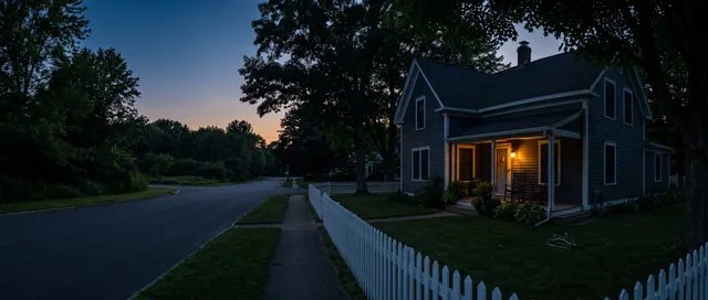 A clapboard house on a street corner at blue hour behind a picket fence, its porch light on