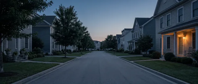 An American residential street at blue hour before sunrise, one porch light still on