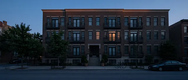 A brick condominium building at blue hour, the windows of one apartment lit