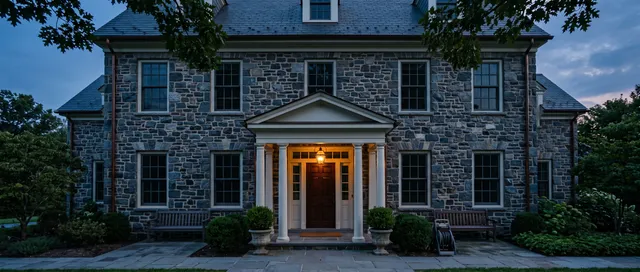 A large fieldstone house at blue hour, the lantern in its portico lit