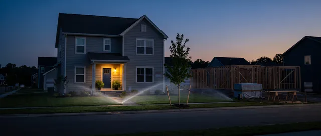 A newly finished house beside one still in its timber frame at blue hour, its porch light on